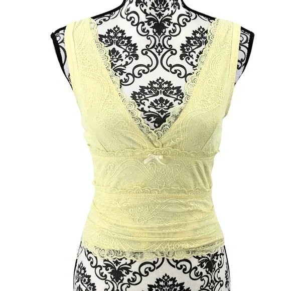 Pale Yellow Lace Trim Camisole Tank Top Y2K Lingerie Style S - Picture 1 of 13